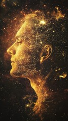 Poster - Mystical profile of a man filled with cosmic elements in a luminous, starry landscape
