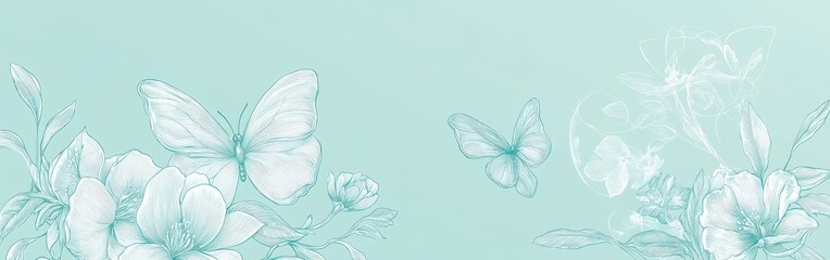 Aufkleber - Spring design featuring delicate flowers and butterflies in soft monochromatic shades of green