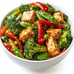 Wall Mural - Fresh Colorful Vegetable Stir-Fry with Tofu and Sesame Seeds in a White Bowl on a Bright Background