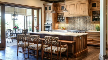 Wall Mural - Elegant kitchen featuring tiled backsplash and wooden cabinetry with seating area for casual dining