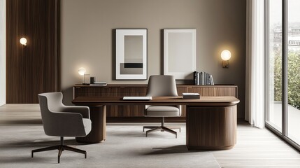 Aufkleber - Modern home office with neutral tones featuring minimalist furniture and natural light