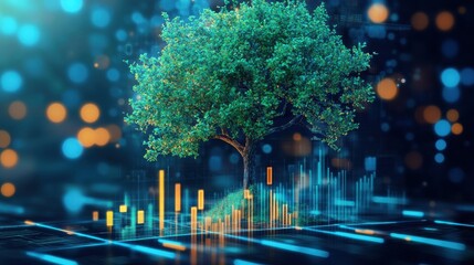 Poster - Glowing design illustrating financial stability with a tree and data visualization