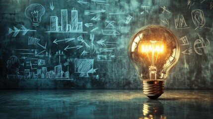 Aufkleber - Glowing oversized light bulb illuminating minimalist workspace with creative sketches on background wall