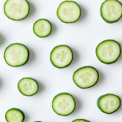 Aufkleber - Fresh green cucumber rounds spread out on a bright surface for culinary preparation and garnishing tasks