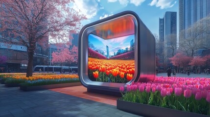 Fototapete - Futuristic VR travel booth in a vibrant city square surrounded by blooming flowers