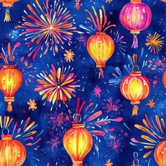 Aufkleber - Dynamic doodle cartoon drawings celebrate lanterns and fireworks in vibrant watercolor style