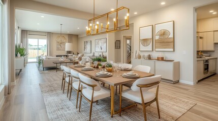 Poster - Elegant dining area with brushed gold chandelier and stylish decor in contemporary home interior