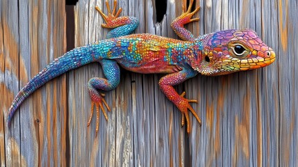 Poster - Colorful lizard perched on weathered wood with intricate patterns and vibrant hues captured in a macro perspective
