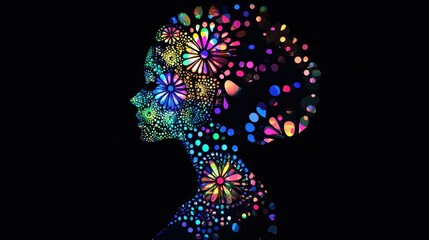 Poster - Conceptual visualization of a glowing woman surrounded by vibrant floral patterns showcasing beauty and creativity at twilight