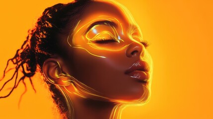 Poster - Woman radiating light with glowing lines in a warm orange atmosphere during a creative artistic expression
