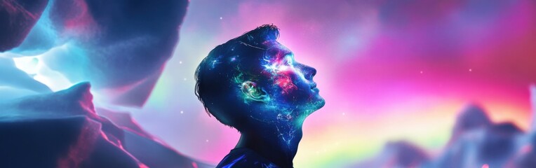 Poster - Conceptual representation of a glowing man contemplating the universe amidst vibrant cosmic colors