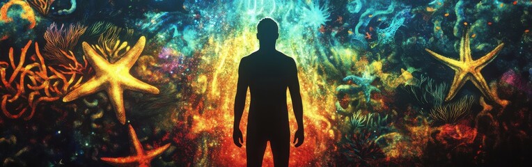 Leinwandbilder - Man radiating light surrounded by vibrant marine life in a colorful underwater landscape