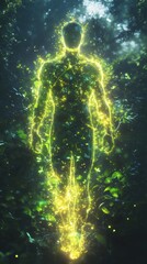 Poster - Glowing man amidst mystical forest at twilight highlighting nature's energy and connection