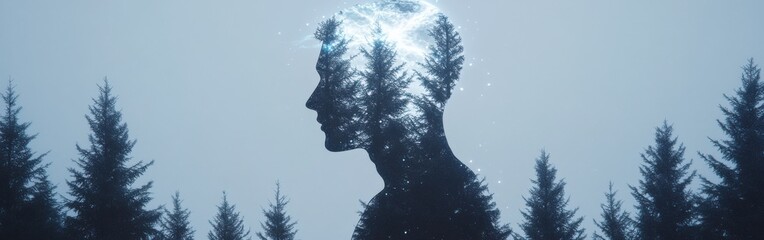Leinwandbilder - Conceptual depiction of a man's silhouette blended with a forest landscape to express connection between nature and thought