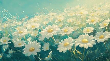 Aufkleber - Bright meadow filled with daisies under a clear sky during daytime near a gentle breeze
