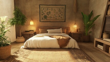 Aufkleber - Cozy bedroom with organic cotton bedding and jute decor creating a serene atmosphere