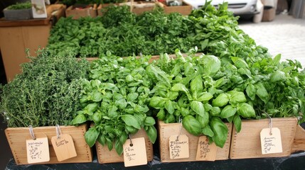 Poster - Herb stall showcasing a variety of fresh herbs at a bustling market in early morning light