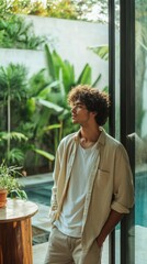 Aufkleber - Young man contemplating life indoors surrounded by lush greenery in a minimalist setting
