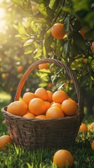 Poster - Close-up of a woven basket filled with ripe oranges in a sunlit orchard surrounded by lush green foliage
