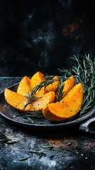 Poster - Close-up of roasted squash with rosemary served on a rustic plate against dark background