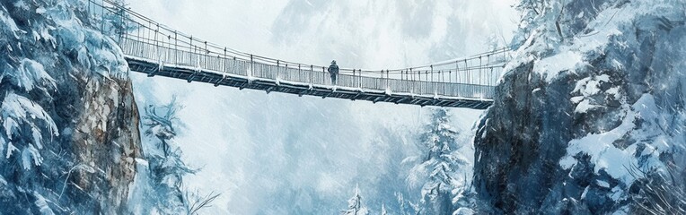 Poster - Winter wonderland bridge over a snowy canyon surrounded by frosty trees and mist
