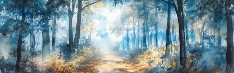 Poster - Beautiful watercolor landscape depicting a serene forest path illuminated by soft sunlight during a peaceful morning