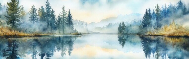 Aufkleber - Tranquil morning mist over a serene lake surrounded by tall trees and mountains reflecting on calm waters