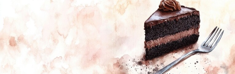 Aufkleber - Delicious close-up of a decadent chocolate cake slice with a watercolor background showcasing rich textures and colors