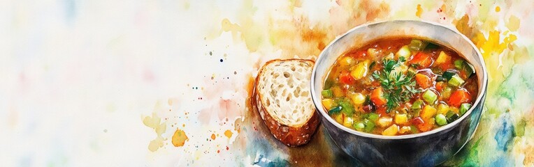Poster - Close-up view of a colorful vegetable soup with fresh herbs and crusty bread on a vibrant watercolor background