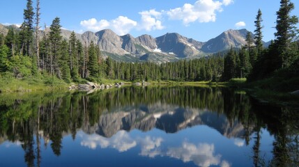 Poster - Majestic mountain range with perfect reflection in calm water surrounded by vibrant greenery