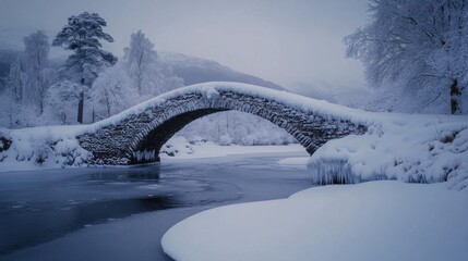 Poster - Snow-covered bridge arches gracefully over a serene river in winter landscape with icy banks and frosted trees
