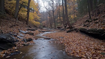 Aufkleber - Serene forest trail with autumn leaves and a gentle stream in a peaceful woodland retreat