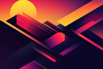 Poster - Geometric abstract landscape sunset with vibrant colors and sharp lines
