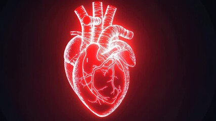 Poster - Glowing Red Digital Illustration of Human Heart Futuristic Design Showcasing Detailed Anatomy with Veins and Arteries on Dark Background