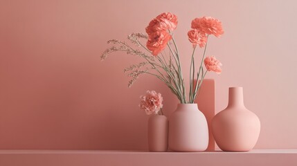 Aufkleber - Elegant coral design featuring vases and flowers against a soft coral background in a modern interior setting