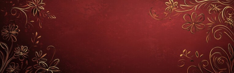 Poster - Elegant bronze floral patterns gracefully adorn a deep red background creating a stunning decorative design