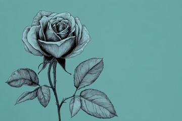 Wall Mural - Detailed pen and ink drawing of a rose on blue