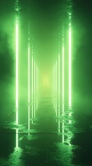 Aufkleber - Vibrant green neon lights illuminate a misty corridor reflecting on a wet surface at nighttime