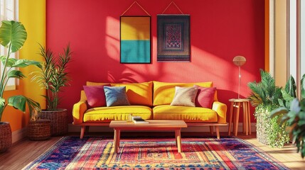 Aufkleber - Vibrant living room with colorful decor and natural light enhancing a cozy atmosphere