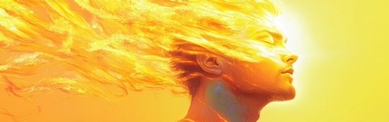 Poster - Vibrant expression of a man's face radiating warmth and energy in a bright golden atmosphere capturing the essence of life
