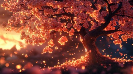 Poster - Vibrant tree glowing with blossoms at sunset, creating a magical atmosphere in nature's embrace