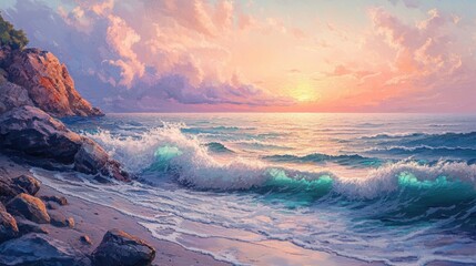 Poster - Tranquil spring morning at a rocky seaside with gentle waves and colorful sky