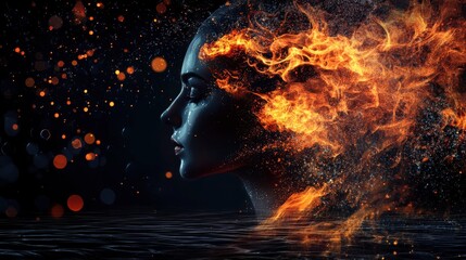 Aufkleber - Surreal depiction of a glowing woman surrounded by vibrant flames at night
