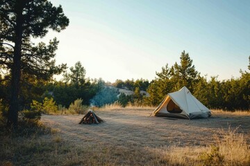 Poster - Cozy camping setup with a tent and campfire in a forest clearing during sunset. Generative AI