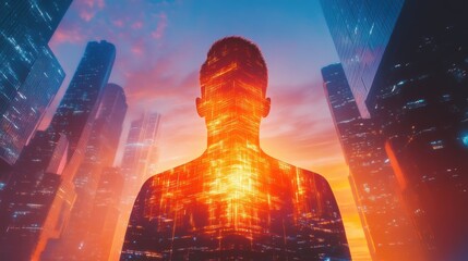 Poster - Surreal man glowing amidst futuristic city skyline at sunset
