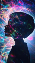 Poster - Surreal portrait of a glowing child captured in vibrant colors with swirling lights