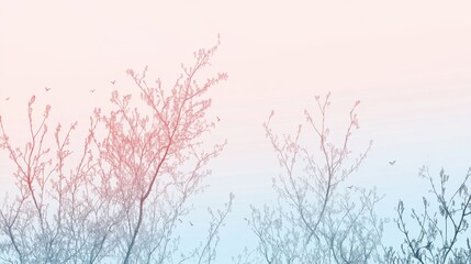 Aufkleber - Branches silhouetted against a light blue gradient background at sunset with flying birds