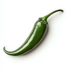 Poster - Fresh green chili pepper resting on a clean surface in natural light, showcasing its glossy texture and curved shape