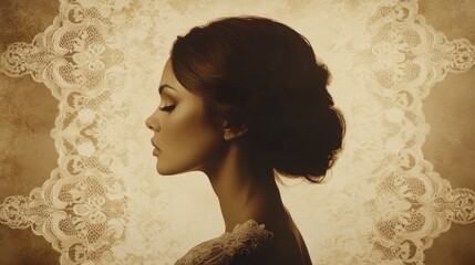 Poster - Portrait of a glowing woman exuding serenity against a vintage lace background capturing timeless beauty