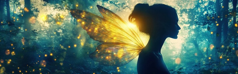 Poster - Portrait of a glowing woman in a mystical forest surrounded by shimmering lights at twilight